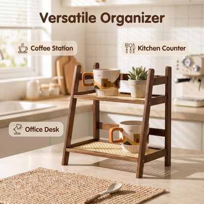 Rattan-Look Matcha Station Organizer Countertop Bamboo Tea & Coffee Accessories Station Organizer 2 Tier Mug Holder Display Stand for Kitchen Condiment, Home, Office, Brown