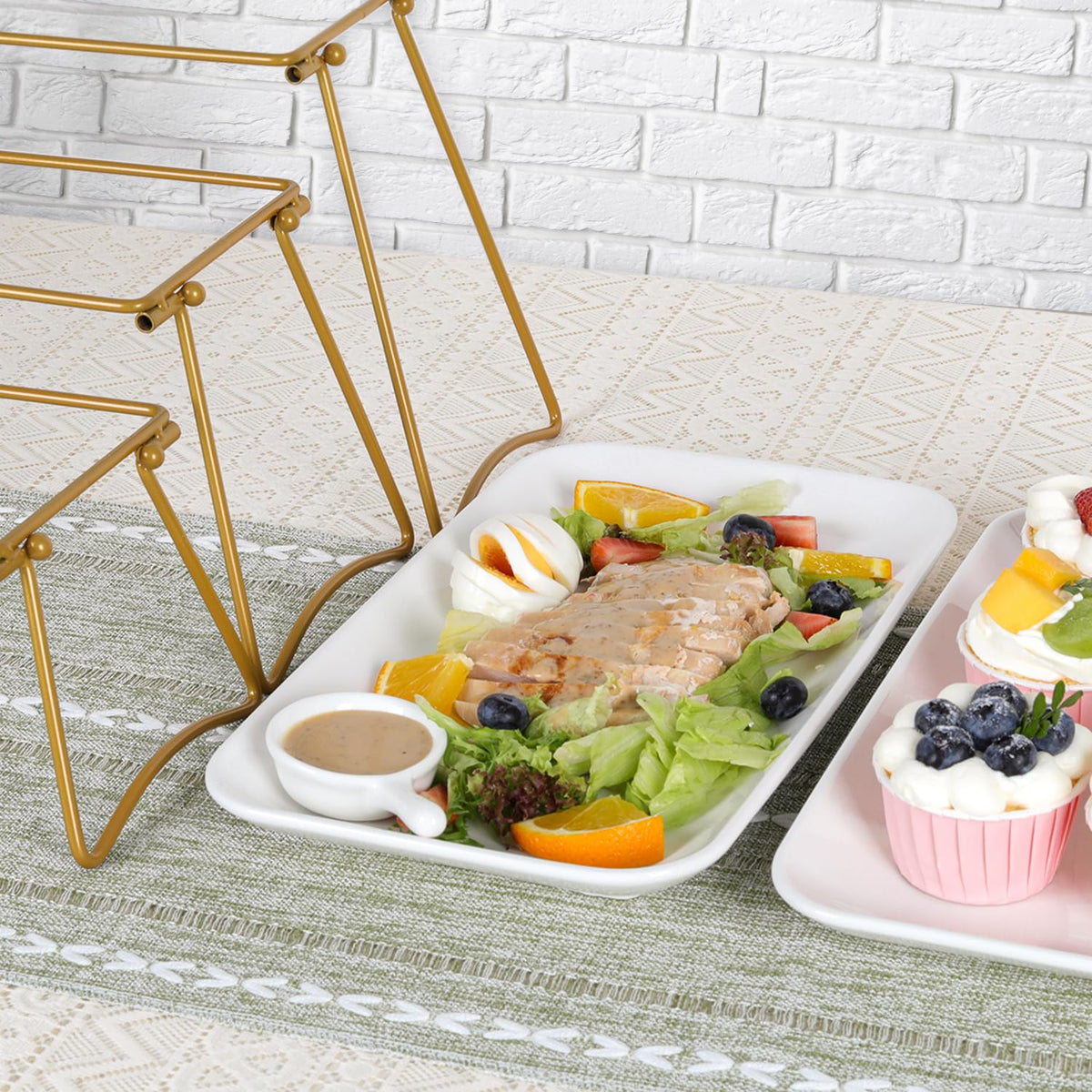 HAPPY KIT 3 Tier Serving Tray Set with Gold Freely Combinable Rack,12 Inch Tiered Tray Stand,Widened Porcelain Platters,Decor Cupcake Stand for Christmas Party Display,Dessert Trays Collapsible