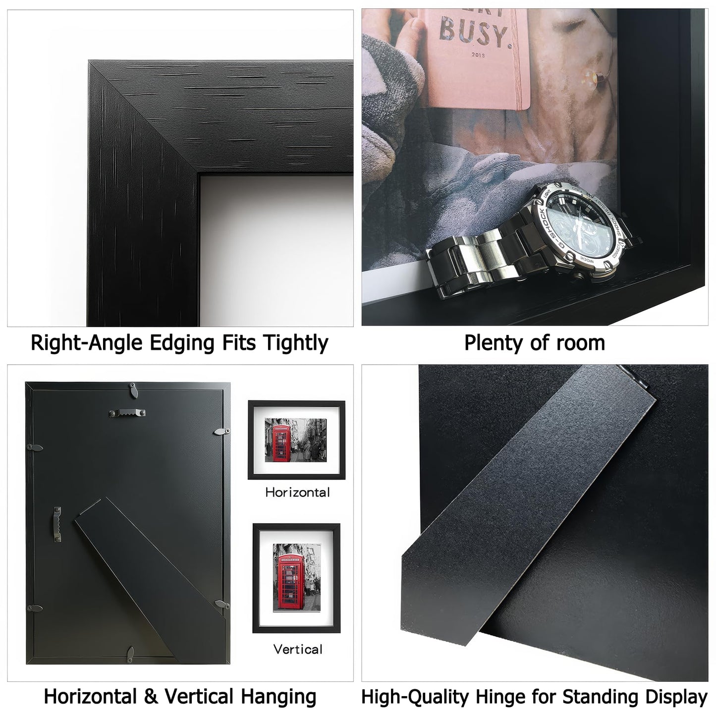 Heyxinda 8x10 Shadow Box Picture Frames Set of 4, Wooden Display Cases with Linen Board, Use as 6x8 Frame with Mat or 8x10 Without Mat, 1.0" Interior Depth for Flowers Memorabilia Collectibles, Black