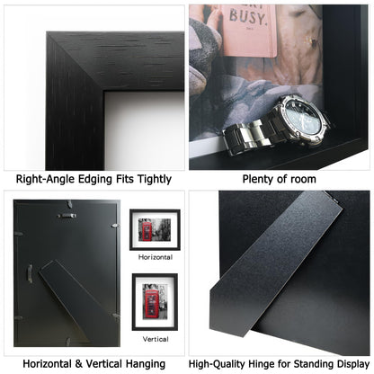 Heyxinda 8x10 Shadow Box Picture Frames Set of 4, Wooden Display Cases with Linen Board, Use as 6x8 Frame with Mat or 8x10 Without Mat, 1.0" Interior Depth for Flowers Memorabilia Collectibles, Black