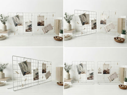 JAJAGOU Foldable Double-sided Desktop Photo Display Rack & Grid Display Board With 20 Wooden Clips – Photo & Accessory Organizer For Home Office White