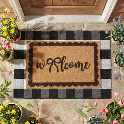 Klyyo Clyro 2 Pcs Bow Welcome Front Door Mats Combo Set Coco Coir Welcome Doormat 27.5''x43'' Layered Buffalo Black White Striped Rug Extra Thick Nonslip Backing for Outdoor Porch Entryway Decor