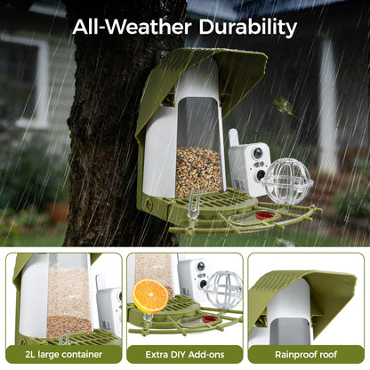 Upgraded Smart Bird Feeder with Camera, AI Species Identify, Adjustable Exterior Camera, 2K HD Live View & Motion Alerts, Weatherproof Outdoor Bird Feeder for Bird Lovers