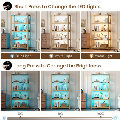Vlsrka Wooden Bookshelf with Lights, 5 Tier Bookshelf with Storage, Tall Bookcase with Open Shelves, Standing Bookshelves Display Rack for Living Room, Home Office, Brown