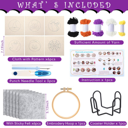Yaomiao 6 Pcs Halloween Punch Needle Coaster Kit Punch Needle Embroidery Kits Craft Supplies with Patterns Yarns Tools Adhesive Felt Embroidery Hoop Instruction Holder for Adult DIY