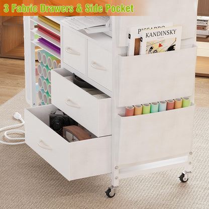 VENNQD Large Craft Organizer and Storage Rolling Cart Compatible with Cricut Machine with Fabric Drawers Vinyl Roll Holder Accessories for Home Craft Workstation Room (White)