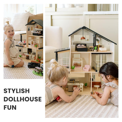 Tiny Land Doll House, Modern Family Dollhouse with Realistic Design, Wooden Dollhouse with 53Pcs Furniture - Ideal Gift for Kids Ages 3+