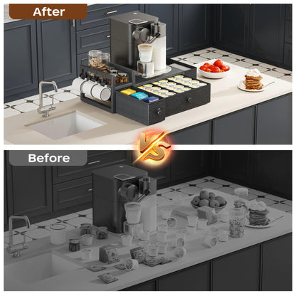 Homeiju Coffee Pod Drawers - K Cup Organizer, Nespresso Pods Holder with Mug Rack, Coffee Holder for Countertop, 52 Capacity Pods, Suitable for Kitchens, Offices and Coffee Bars(Black)