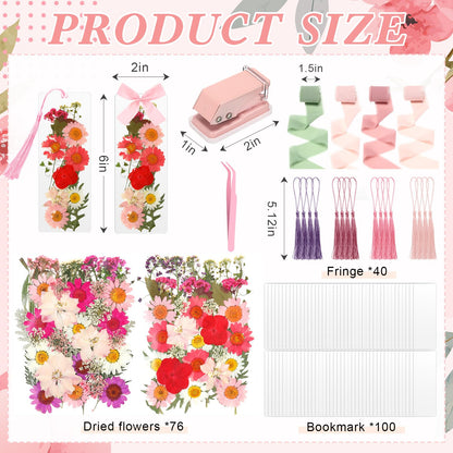 AmazingSpark 222 Pcs Dried Flower Bookmark Making Kit Include DIY Pressed Flower Colorful Tassels Ribbons and Transparent Bookmark Laminating Pouches 2 x 6 Inch(Pink)