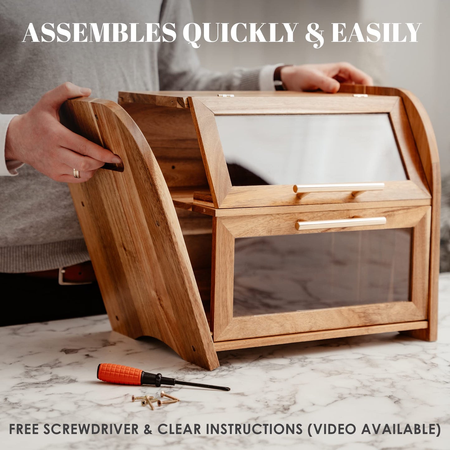 Arise Stylish Acacia Bread Box for Kitchen Countertop, Extra Large 2-Shelf Wooden Bread Storage Container with Clear Windows and Air Vents Keep Bread, Bagels and Rolls Fresh, Self Assembly