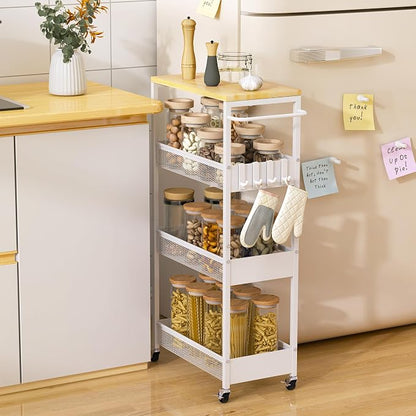 Vincona 9.1" Wide Slim Rolling Utility Cart, 4 Tier Metal Narrow Storage Cart with Handle and Wood Top, Multifunctional Small Mobile Shelf Unit Organizer Trolley for Laundry, Bathroom, Kitchen