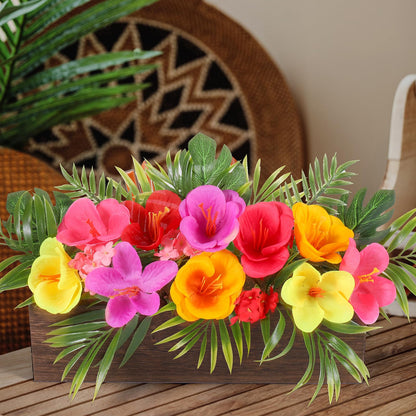 Dlerom Hawaiian Table Centerpieces Artificial Hibiscus Flowers Arrangements Wooden Crate, Wooden Planter with Tropical Palm Leaves for Summer Beach Tiered Tray Shelf Table Home Aloha Luau Party Decor