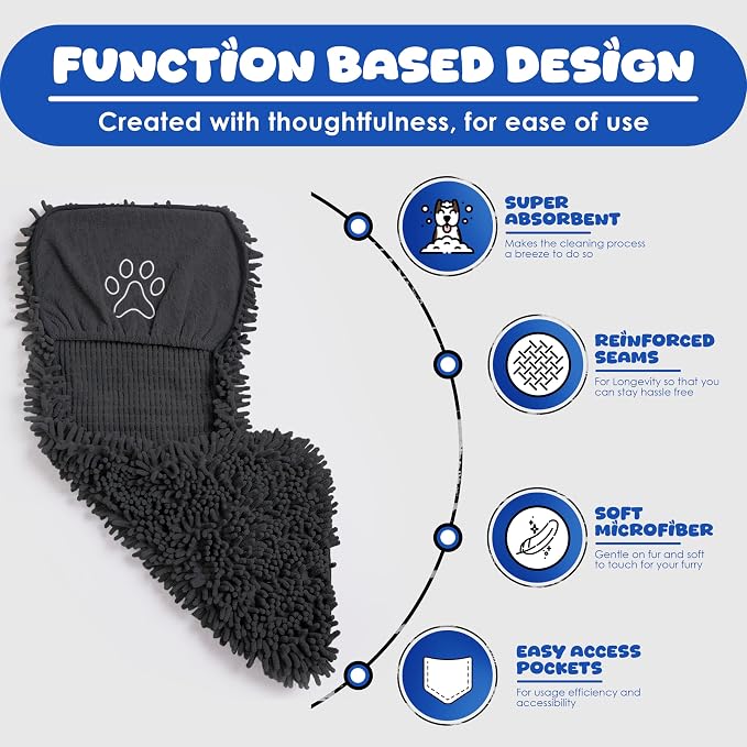 Dog Towel Microfiber, Black | Super Absorbent, Fast Dry, Hand Pockets, Large & Small Dogs, Machine Washable