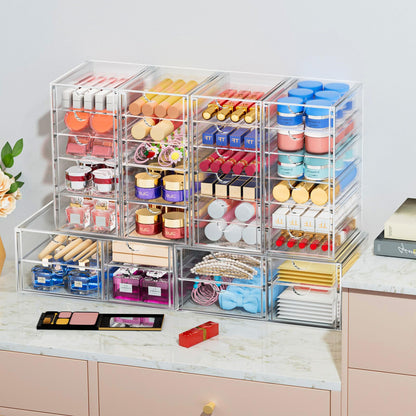 2 Pack Desk Organizers, Makeup Organizer Storage With 7 Drawers, Desktop Office Supplies, Clear Desk Accessories, Dustproof Drawer Organizer and Storage for Make Up, Jewelry, Pen, Desktop Stationary