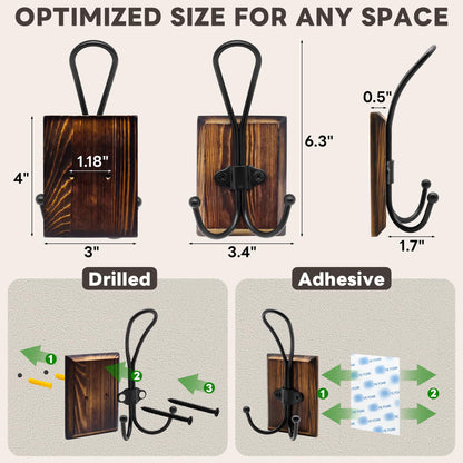 Rzoklot 2-Pack Rustic Wood Wall Hooks - Wall Mounted or Adhesive Coat Rack for Bathroom Towels Robes - Farmhouse Modern Decorative Entryway Hangers for Hats Keys Purses Bags, Brown