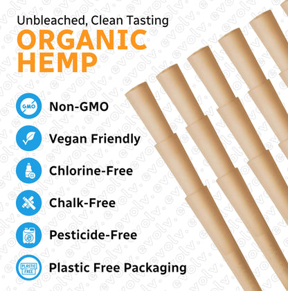 Evolv Organic Hemp Pre Rolled Cones Rolling Paper | Size: M98 (98/26mm) | 100 Count Case | Unbleached, Slow Burning Preroll Cones | Artisan Crafted Rolling Cone