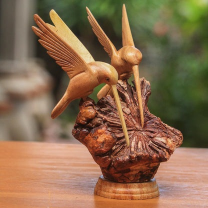 NOVICA Artisan Crafted Handcarved Wood Sculpture | Hummingbird Figurine Decor | Sustainable Animal Themed | Benalu & Jempinis Wood | NAT Geo Decoration | Indonesia ' Hummingbird Couple' 7.5" H x 6" W