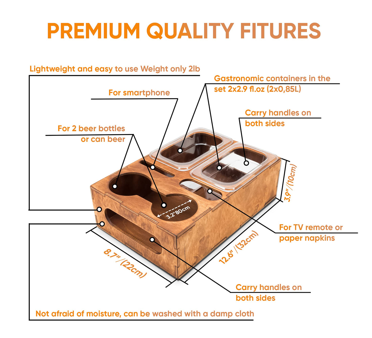 Wood Beer Box - Gift for Beer Lovers, Dad, Man, Him, Boyfriend- Drink Box Snacks Tray- Table Stand Caddy with slots for glasses, chips, nuts- Couch Organizer for Beverages, Remote Control, Phone stand
