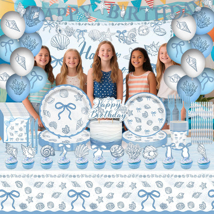 Seashell Birthday Party Decorations Include Balloons-Cake Topper-Cupcake Toppers-Banner-Backdrop-Plates-Beach Tablecloth-Napkins-Cups-Straw and Cutlery for The Summer I Turned Pretty Party Decor