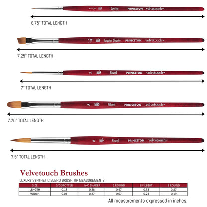 Princeton Velvetouch Series 3950 - 5pc Professional Paint Brushes for Acrylic Painting - Oil, Watercolor & Acrylic Paint Brushes Set - Spotter 5/0, Angle Shader ¼”, Round 8, Filbert 8, Round 2