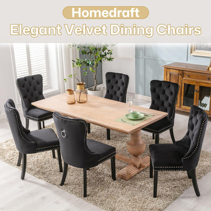 Homedraft Velvet Dining Chairs Set of 4, Nikki Collection Dining Room Chairs with Wood Legs and Pull Ring, Luxury Side Chair with Nailhead Trim and Button Tufted Back, Black