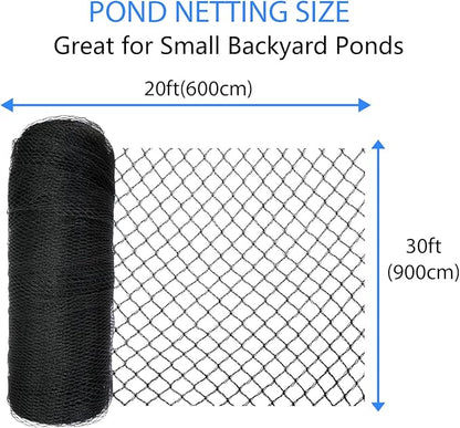 Koi Pond Netting Kit 20 x 30 FT, 3/8" Heavy Duty Woven Mesh Pond Net Cover for Leaves with 12 Stakes, HDPE Pool Netting Protecting Fish from Herons Birds Cats, Black