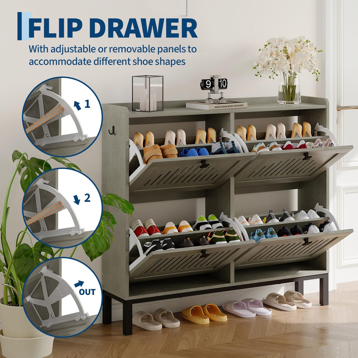IDEALHOUSE Shoe Cabinet with 4 Flip-Drawers, Wooden Entryway Storage Organizer with Adjustable Shelf, Hidden Shoe Rack for Hallway & Living Room, Grey