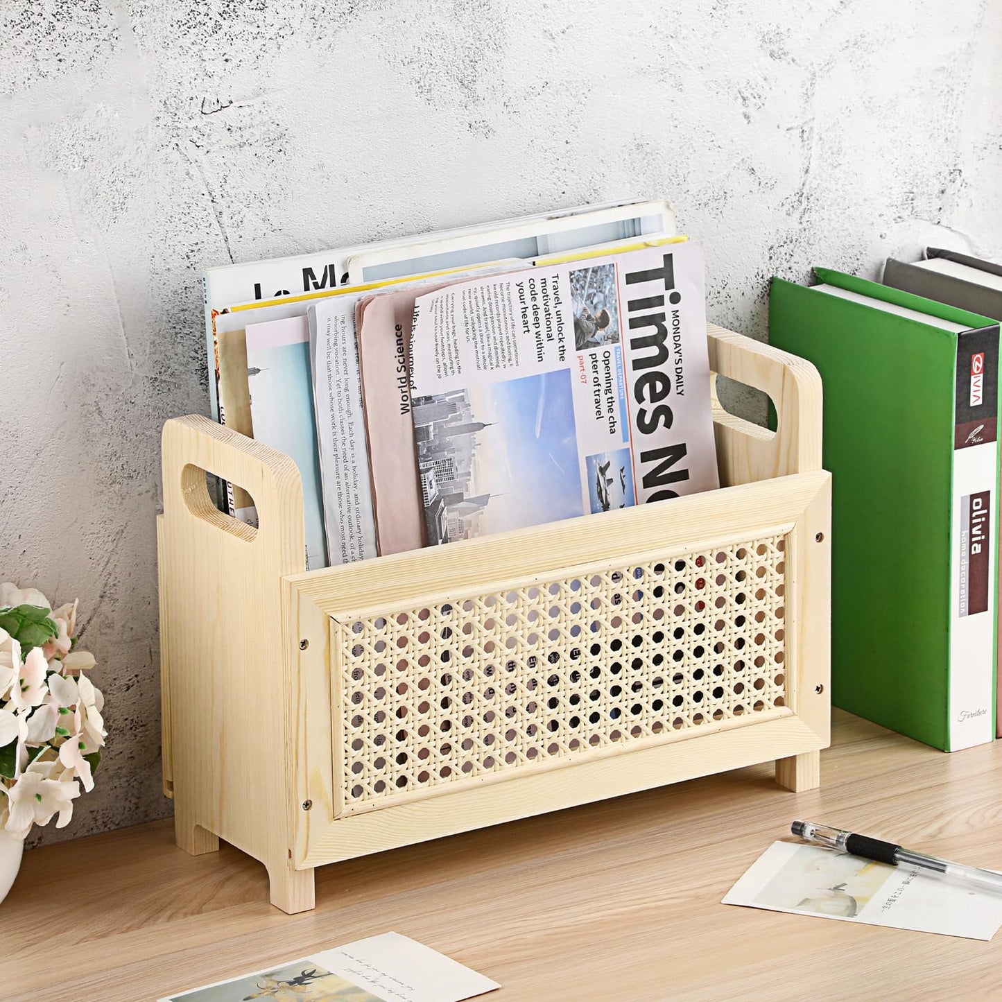 BTSKY Wooden Magazine Rack with Built-in-Handle, Desktop Magazine Holder Modern Rattan Hollow-out Design Mail Organizer, Assembly File Holder Letter Holder Floor Rack for Home & Office, Natural