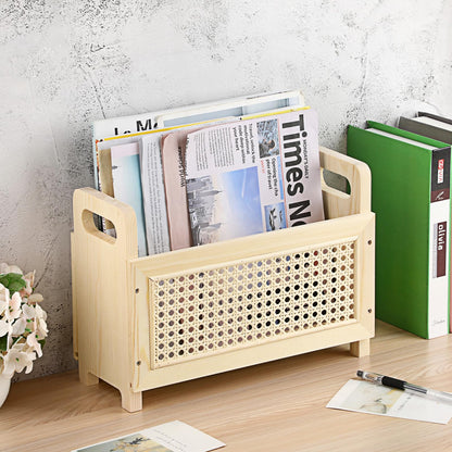 BTSKY Wooden Magazine Rack with Built-in-Handle, Desktop Magazine Holder Modern Rattan Hollow-out Design Mail Organizer, Assembly File Holder Letter Holder Floor Rack for Home & Office, Natural