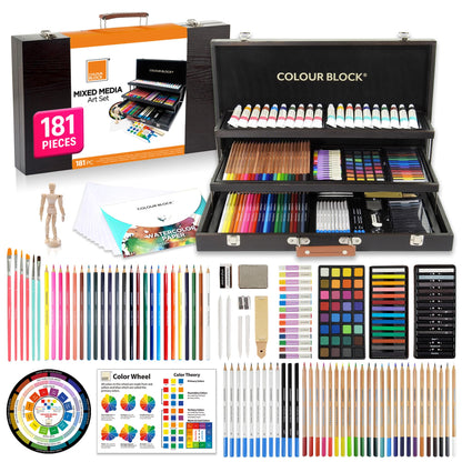 COLOUR BLOCK 181-Piece Mixed Media Art Set in Wooden Case for Drawing Sketching Painting, Soft Oil Pastels, Acrylic Watercolor Paints, Pencils, Art Supplies Kit for Artists, Professional, Adults, Beginner