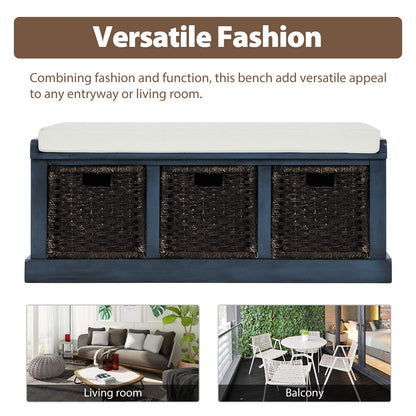 Ball & Cast 43.7" Wood Frame Entryway Storage Bench w/ 3 Movable Rattan Panel Drawers&Cushion, Rustic Shoe Rack Bedroom End of Bed Bench with Upholstered Seat, No Assembled Needed, Antique Navy