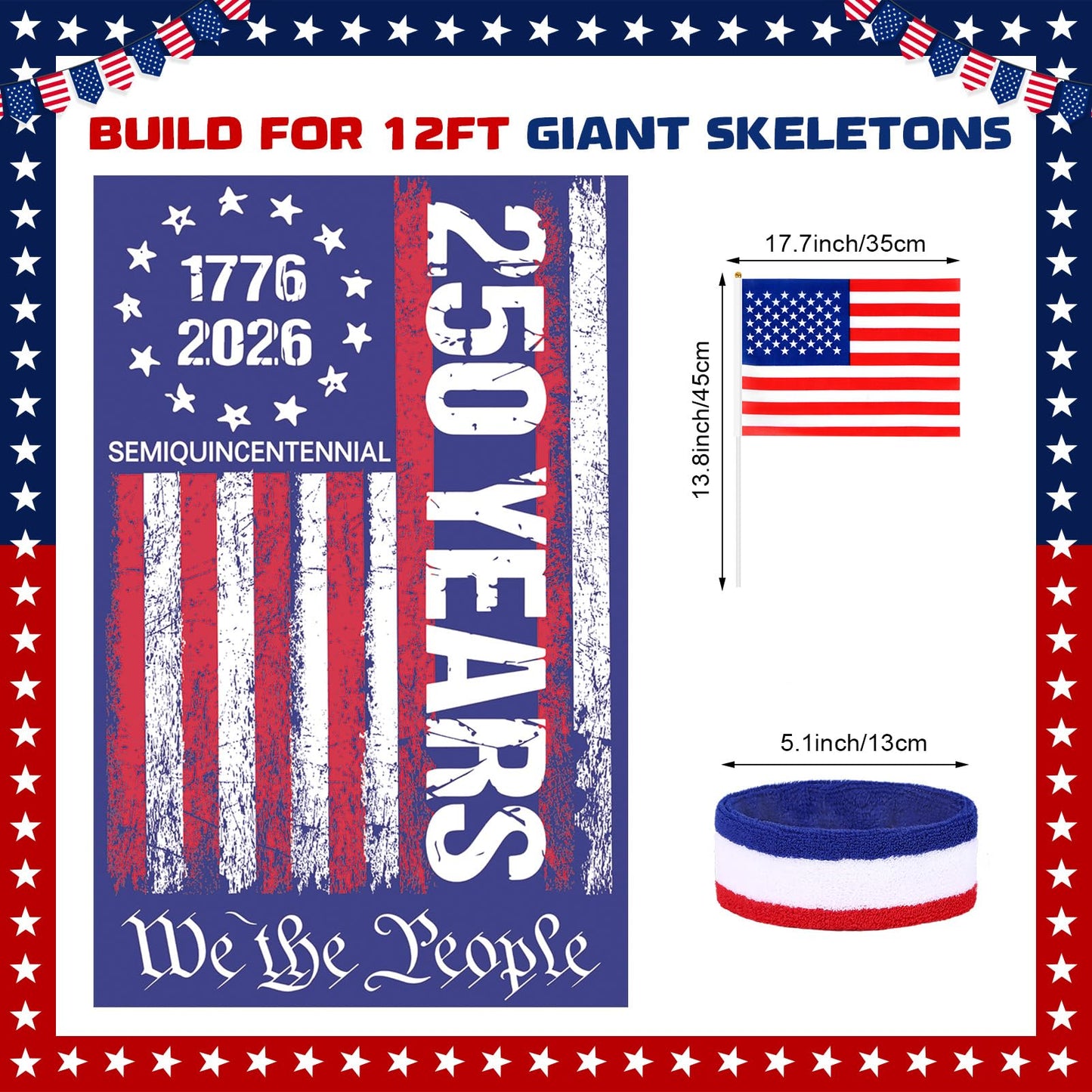 MUDEREK Light Up American Flag Cape for 12 ft Skeleton – Patriotic Independence Day Accessories, LED 250th Anniversary Giant Skeleton Costume Cloth for 4th of July Outdoor Decorations