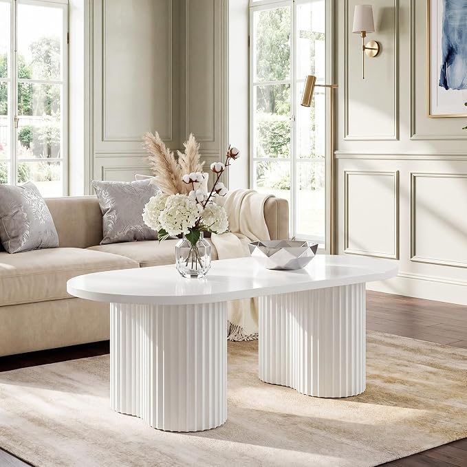 Tribesigns Oval Coffee Table, 47" Modern Center Table with Fluted Design, Tea Table with Sturdy Legs for Living Room, Bedroom, Office, Easy Assembly, White