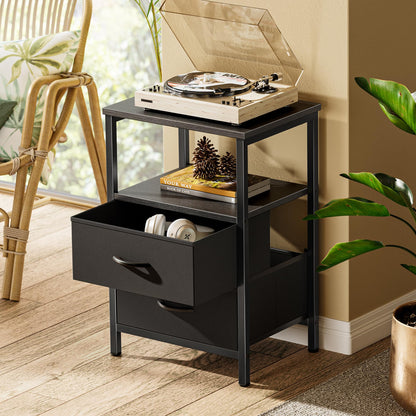 Huuger Night Stand with 2 Drawers, Bed Side Table with Open Shelf, Wooden Top, Nightstand for Bedroom, End Table for Small Space, Fabric Drawer, Black