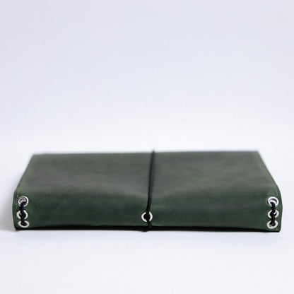 OMBUO Full-Grain Leather A5 Journal Cover – Refillable Traveler’s Notebook Case with 3 Elastic Bands, Pen Loop & Card Pockets – Fits A5/Half-Letter Inserts (Paper Not Included), Green