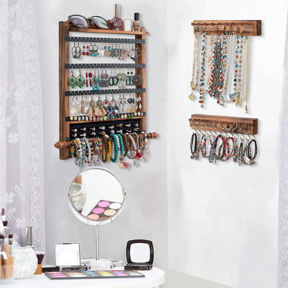 QILICHZ 3Pcs Jewelry Organizers and Storage,Wood Earring Organizer,Hanging Jewelry Organizer,Rustic Wall Jewellery Organizer,Wall Mounted Earring Holder for Storage Display Gift (Brown+Black)