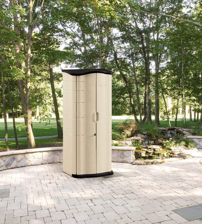 Rubbermaid Compact Vertical Resin Storage Shed With Floor (2 x 2.5 Ft), Weather Resistant, Beige/Brown, Organization for Home/Backyard/Garden Tools/Porch/Patio Cushions/Pool Chemicals/Toys