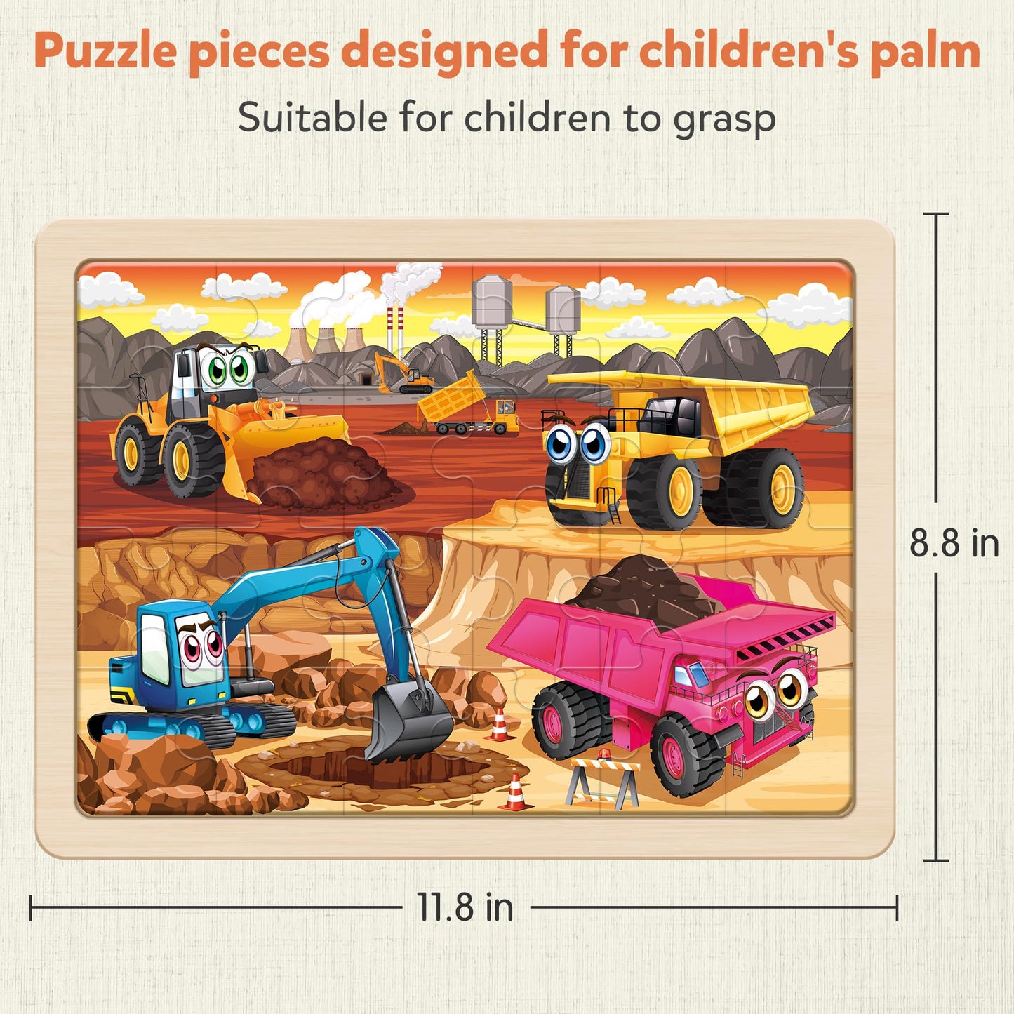 SYNARRY Large Wooden Construction Vehicle Puzzles for Toddlers 3-5, 24 Piece Monster Truck Puzzles for Kids Ages 4-6, Construction Toys for 3 4 5 6 Year Old, Kids Toys Easter Basket Stuffers Gifts
