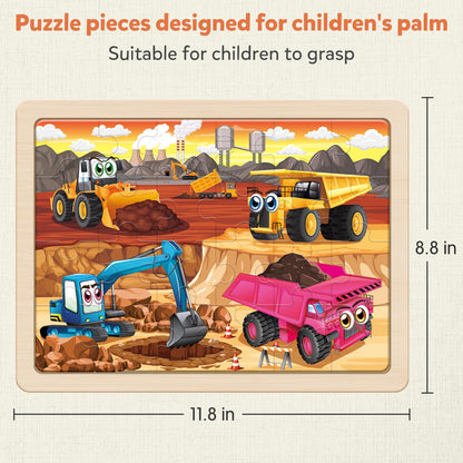 SYNARRY Large Wooden Construction Vehicle Puzzles for Toddlers 3-5, 24 Piece Monster Truck Puzzles for Kids Ages 4-6, Construction Toys for 3 4 5 6 Year Old, Kids Toys Easter Basket Stuffers Gifts