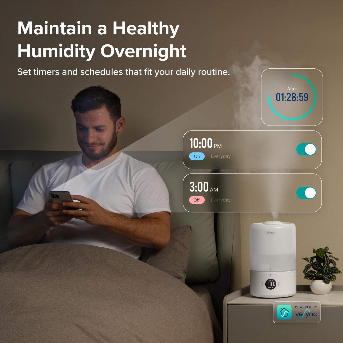 LEVOIT Humidifiers for Bedroom, Quiet (3L Water Tank) Cool Mist Top Fill Essential Oil Diffuser with 25Watt for Home Large Room, 360° Nozzle, Rapid Ultrasonic Humidification for Baby Nursery and Plant