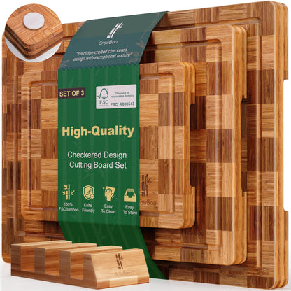 Extra Large Bamboo Cutting Boards, 3-Pack Heavy Duty Bamboo Cutting Boards Set with Juice Grooves & Non-Slip Feet – Extra Large Thick Wood Chopping Board for Meat, Fruits & More, Non-Toxic & Durable