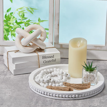 GlikCeil 6 Pcs Rustic Wooden Coffee Table Tray Decoration Set, Round Beaded Tray Wood Chain Bead Garland with Tassels and 3 Decorative Books for Farmhouse Living Room Home Decor(Thankful,White)