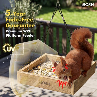iBorn Platform Bird Feeder Tray, Chew Proof Bird Feeders for Outdoors Hanging, Flat Birdfeeder Tray with Large Capacity 3LBS, WPC Recycled Plastic & Cedar Look, Waterproof, 10.5"x10.5", Raw