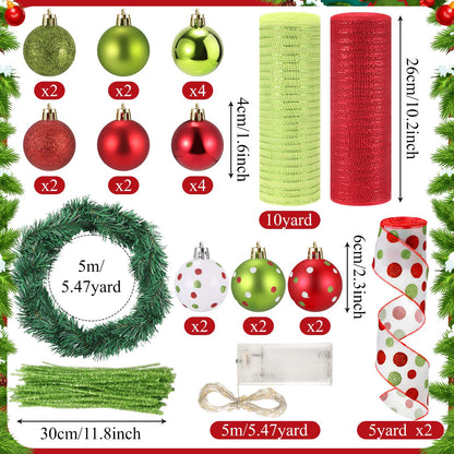AceOrbit 28 Pcs DIY Christmas Decor Mesh Entryway Garland Decoration Metallic Mesh Ribbon Red Christmas Balls Ribbon Pine Needles Garlands Chenille Stems for Xmas Door Holiday Wreath (Stylish Style)