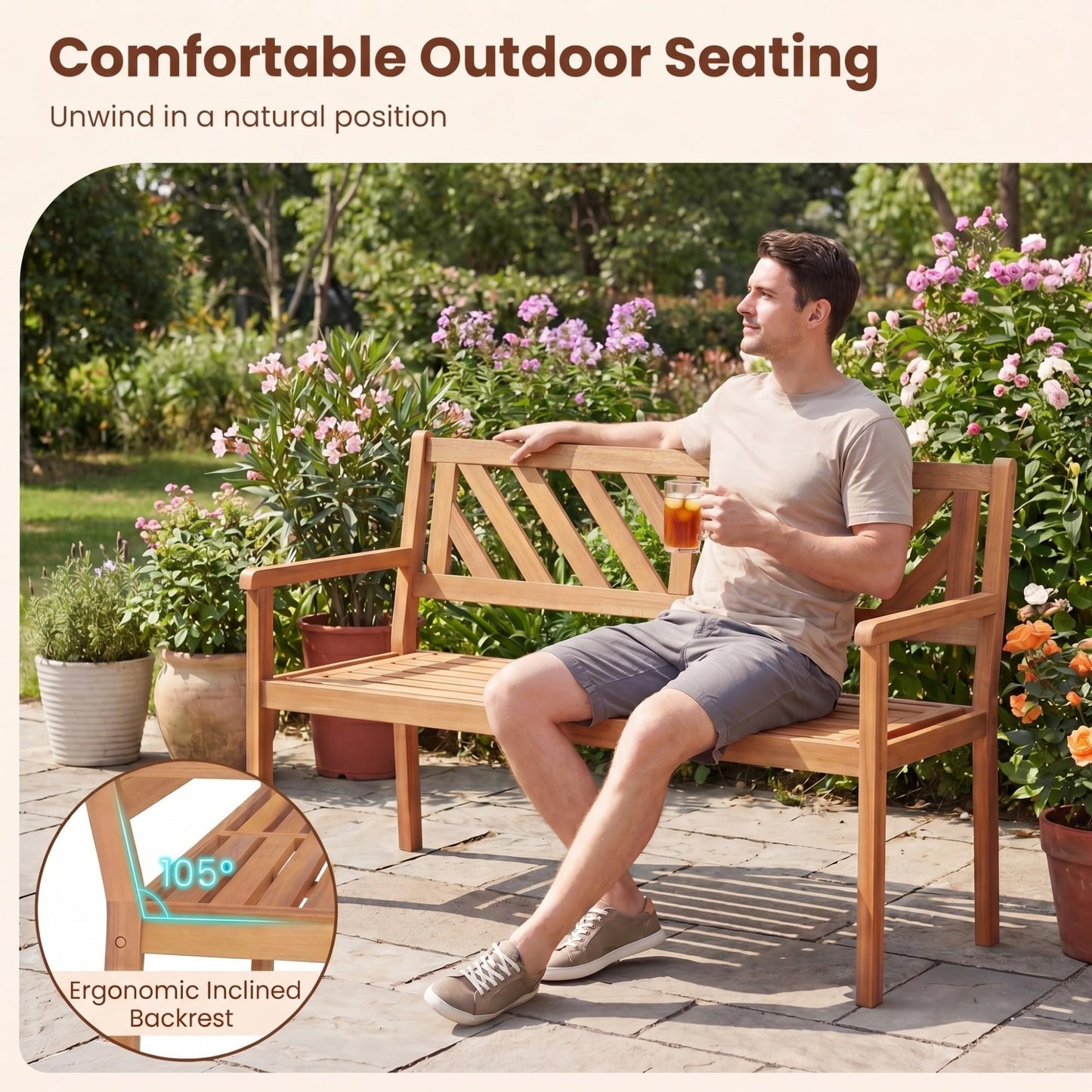 Giantex 2-Person Outdoor Bench, 47" Patio Acacia Wood Loveseat with Slatted Seat, Armrests & V-Shaped Backrest, Wooden Garden Seating for Backyard, Porch, Deck, Poolside