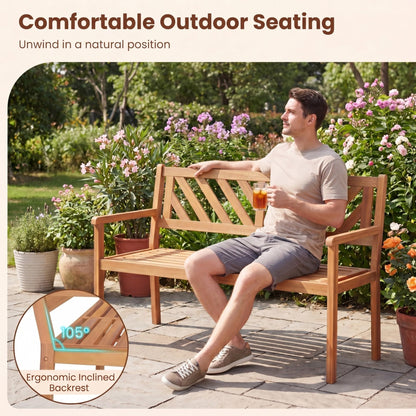 Giantex 2-Person Outdoor Bench, 47" Patio Acacia Wood Loveseat with Slatted Seat, Armrests & V-Shaped Backrest, Wooden Garden Seating for Backyard, Porch, Deck, Poolside