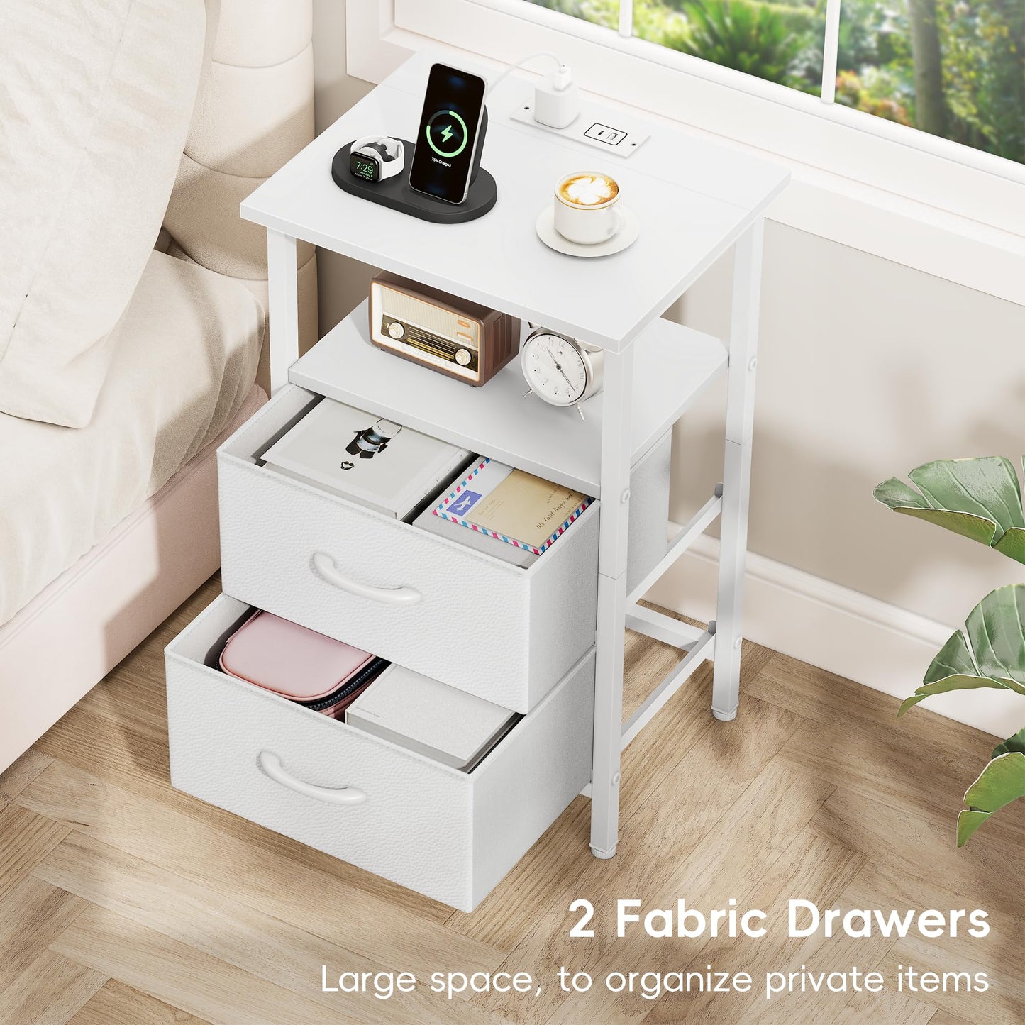 Vagusicc Nightstand Set 2 with Charging Station, End Table with Fabric Drawers, Bedside Table with Open Wood Shelf, 24.2" Tall Side Table with USB Ports & Outlets, Night Stand for Bedroom, White