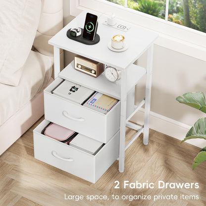 Vagusicc Nightstand Set 2 with Charging Station, End Table with Fabric Drawers, Bedside Table with Open Wood Shelf, 24.2" Tall Side Table with USB Ports & Outlets, Night Stand for Bedroom, White