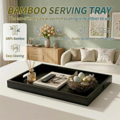 Bamboo Serving Tray with Handles, Set of 2, Wooden Serving Trays for Ottoman, Coffee Tray, Large Serving Tray with Flat Handles, Black Wood Tray for Living Room