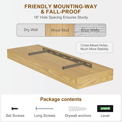 Fun Memories 55 Inch Fireplace Mantel - Long Floating Shelf, Wall Mounted Farmhouse Display with Invisible Heavy Duty Metal Bracket, Oak